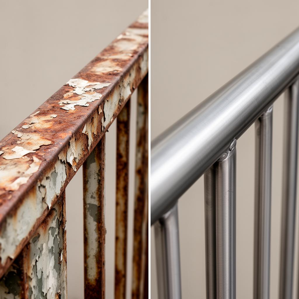 Before and after laser cleaning of metal railing